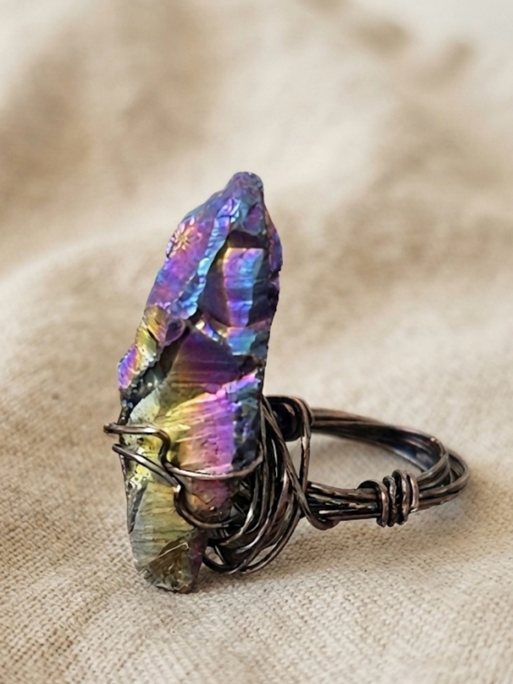 Titanium   Aura Quartz Rare Exclusive  Ring - Iridescent Purple & Gold size 8